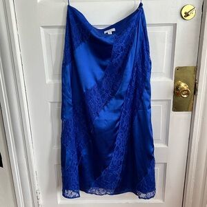 topshop cobalt blue and bias satin and lace midi skirt